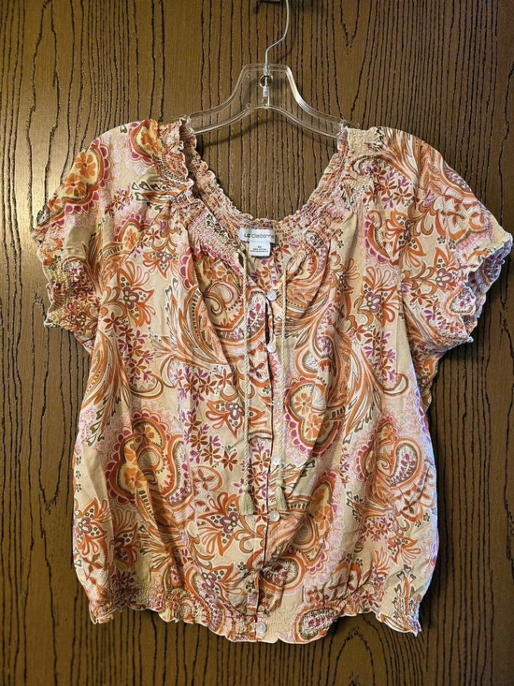Liz Claiborne Paisley Short Sleeve Blouse in Orange & Pink, Size XL